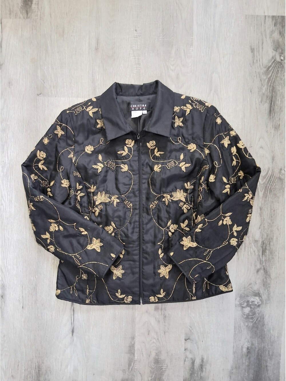 Christina Hope Women's Medium, Black With Gold Floral Silk Open-Front Jacket